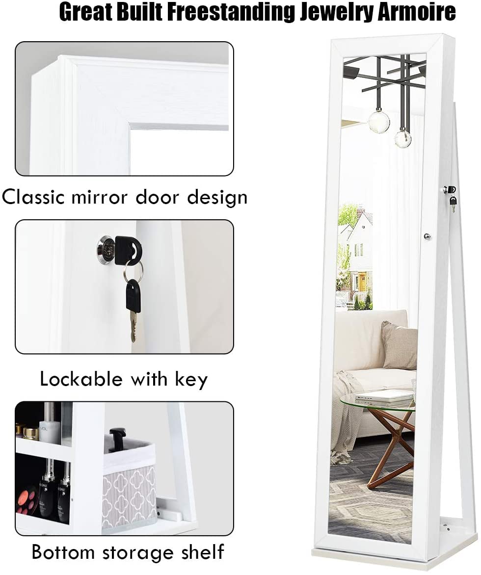 FANTASK Full Length Mirror Jewelry Cabinet, Free Standing Jewelry Armoire w/Inside Makeup Mirror, Stable Base, Large Storage Capacity, White Lockable Jewelry Cabinet Organizer, Easy Assembly