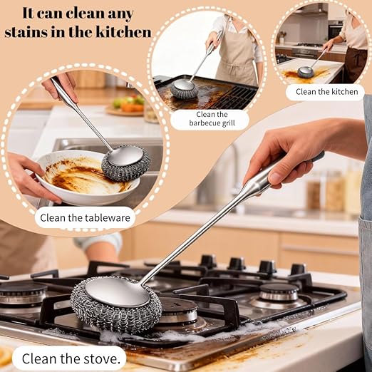 Steel Wool Scrubber with Handle: 7Pcs Stainless Steel Scrubber Brush Set – 1 Long Brushes,1 Short Brushes,4 Replaceable Pads,1 Screwdriver for Home Cooks,BBQ Enthusiasts,Anti-Scratch,for Kitchen