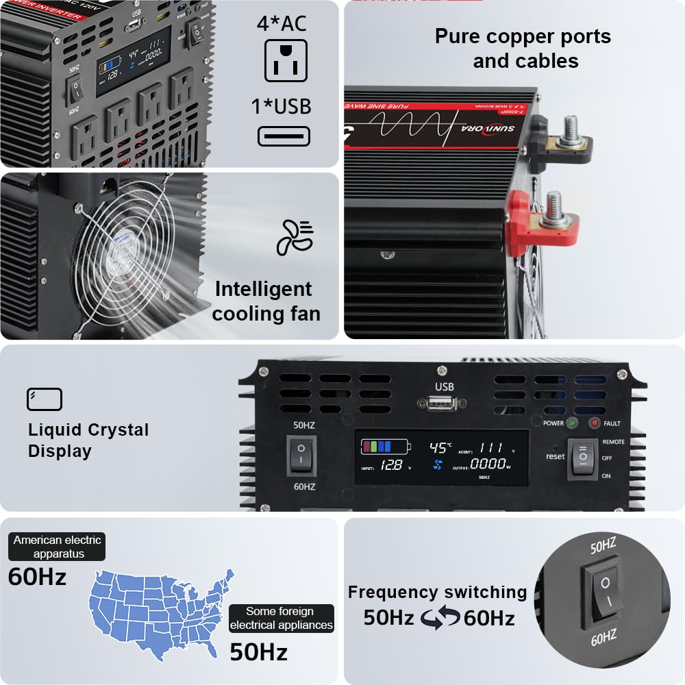 Sunivora 5000 Watt Pure Sine Wave Power Inverter With Lcd 12V Dc To 110V/120V Ac Peak Power 10000W Car Power Inverter With 4 Ac