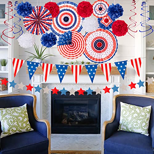29PCS 4th/Fourth of July Patriotic Decorations Set - Red White Blue Paper Fans,USA Flag Pennant,Star Streamer,Pom Poms,Han...