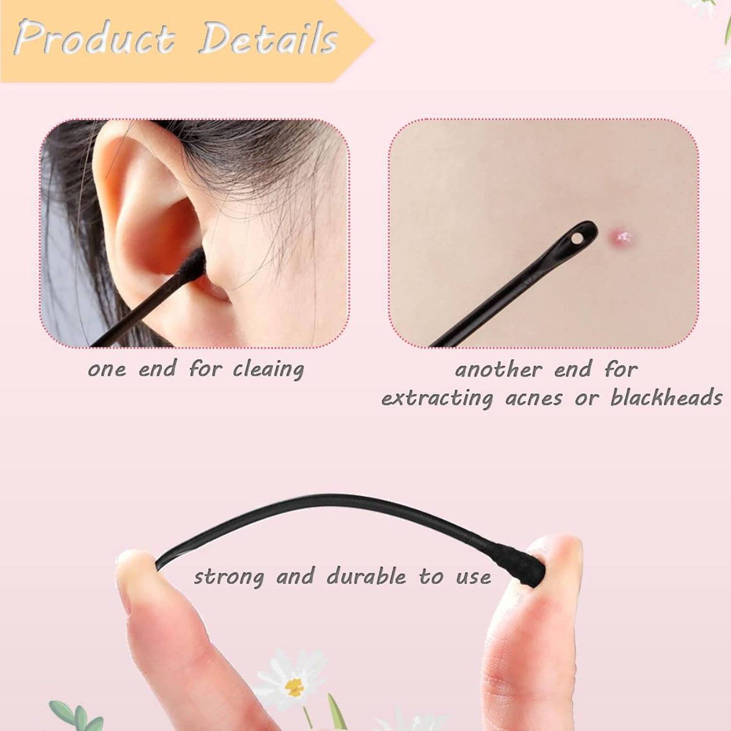 300Packs Disposable Double-Headed Comedones Extractor Plastic Blackhead Remover Black Pimple Popper Tool Acne Removal Stick Cott