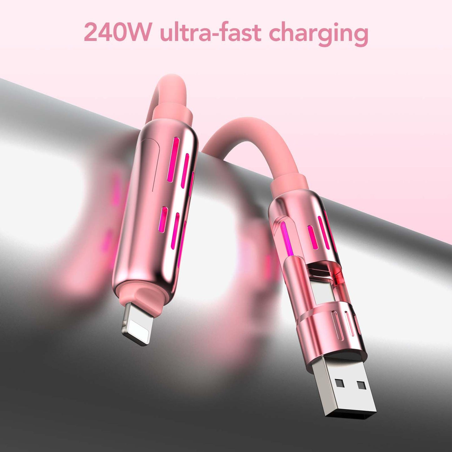 MFish 4-in-1 Universal Multi USB Charging Cable – 240W Max Fast Charger Cord with Multiple Connectors for iPhone 16/15/14/13, iPad, Samsung, MacBook, Tablets & More (Pink, 6.6Ft)