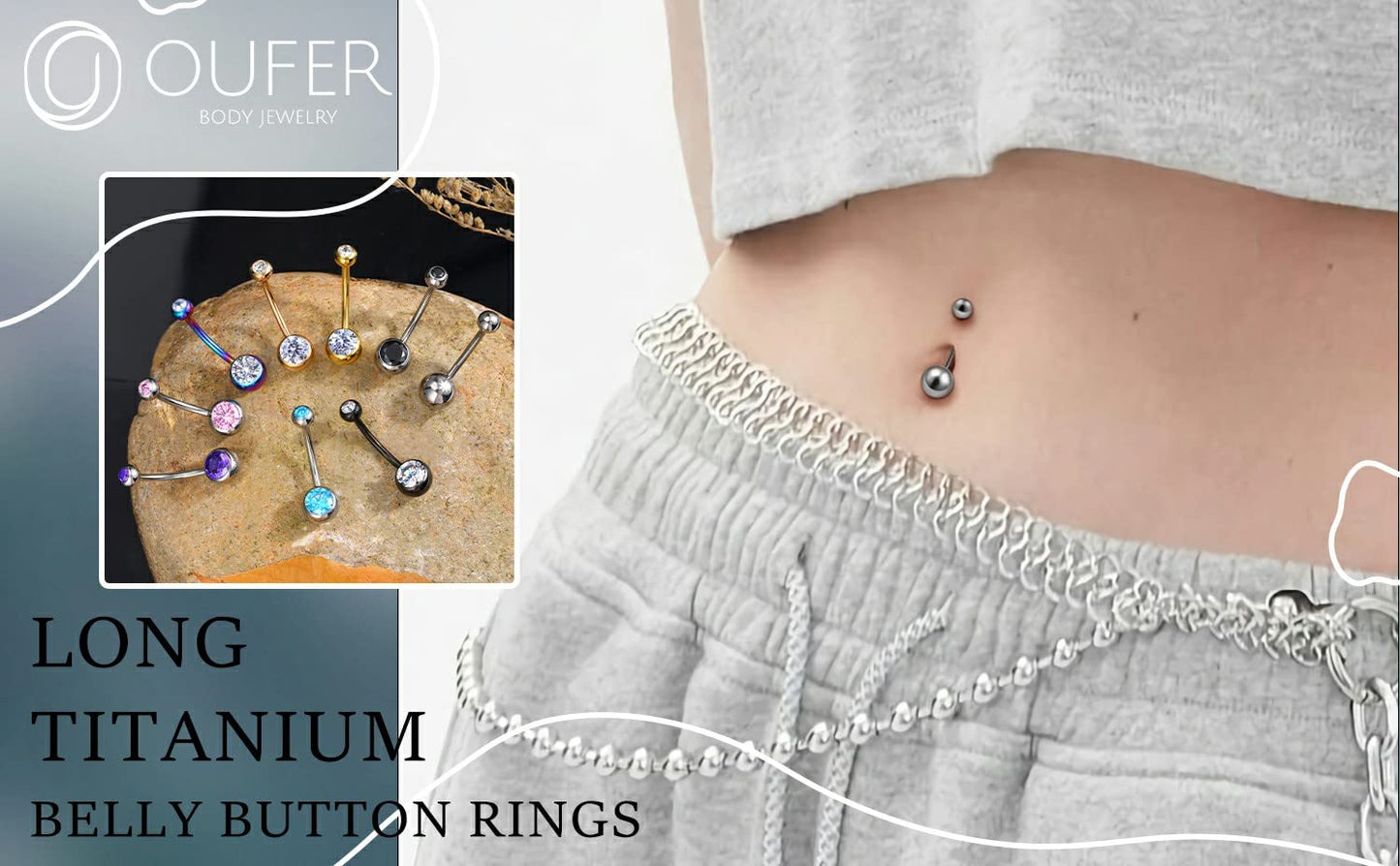 OUFER Titanium Belly Button Rings, Internally Threaded 14mm Long Belly Ring, Round CZ Navel Rings for Women Men (Silver Ball)