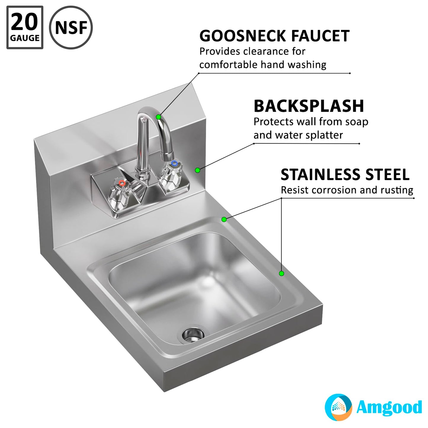 AmGood Stainless Steel Wall Mount Hand Sink 12" x 16" | NSF Commercial Hand Washing Basin with Faucet For Restaurant, Kitchen and Home | Bowl Size: 9" x 9"