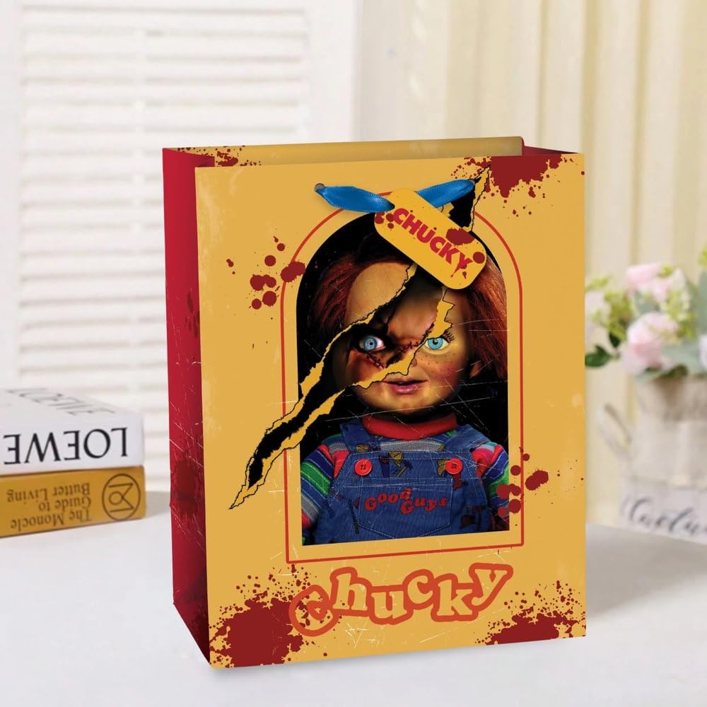 Amscan Creepy Red & Yellow Chucky Medium Gift Bag - 9" X 7" (1 Pc.) - Spooky Design, Perfect for Halloween Parties, Trick-or-treating, or Horror-themed Events