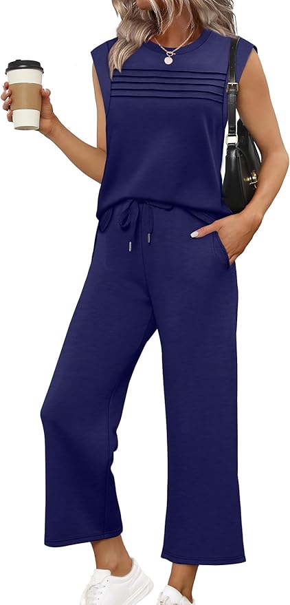 WIHOLL 2 Piece Sets for Women Summer Lounge Sets Travel Vacation Outfits Cap Sleeve Sweatsuit Side Slit Wide Leg Pants S-3XL