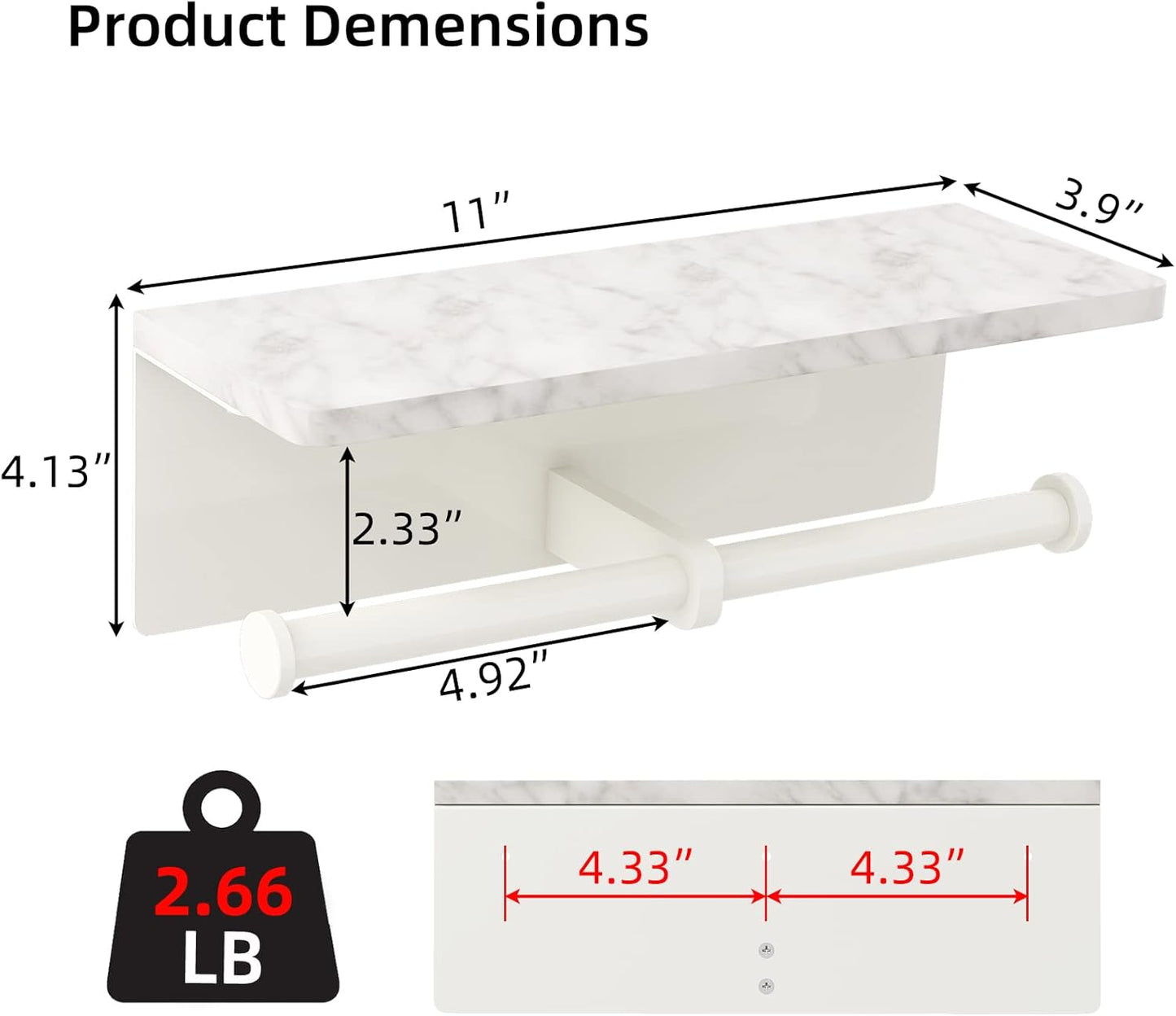White Toilet Paper Holder with Shelf, New Upgrade Double Toilet Paper Holder with Storage, Marble Roll Toilet Paper Wall Mount for Bathroom Washroom