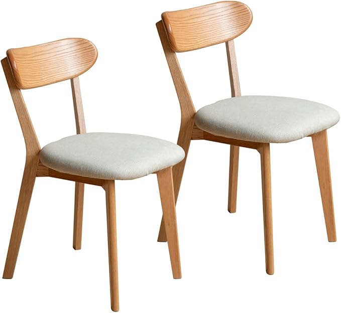 Bamskov 100% Solid Wood Dining Room Chairs - Practical Kitchen Chairs - Wood Chair for Dining Room, Kitchen (2, Natural with White Cushion)
