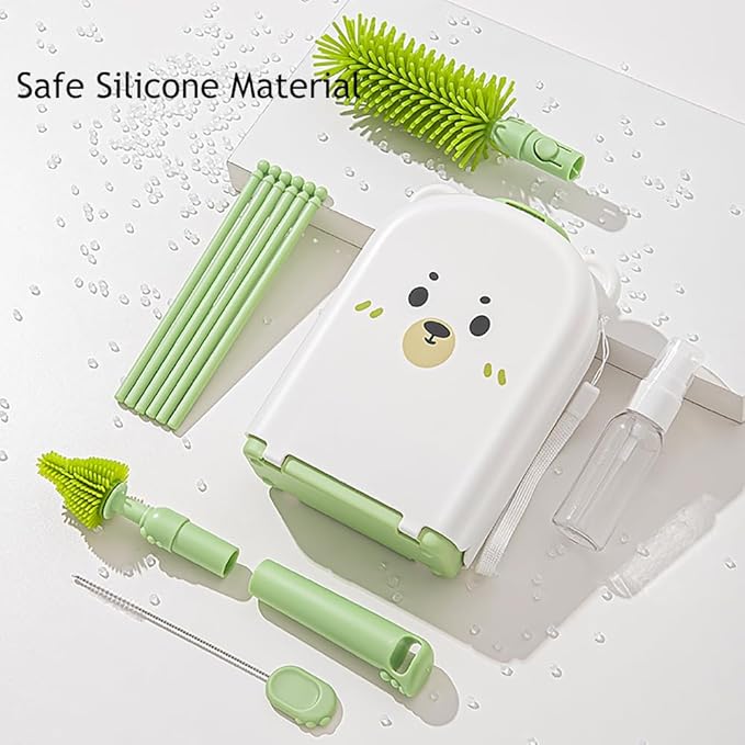 6-in-1 Travel Baby Bottle Brush Set,Silicone Brush Kit with Bottle Brush, Soap Dispenser,Nipple Brush,Straw Brush,Drying Rack,Storage Case,Stocking Stuffers for Women(Green)