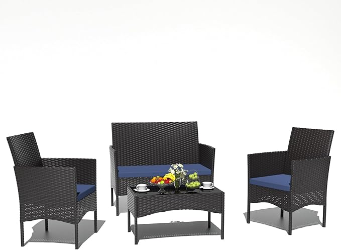 ASJMR 4 Piece Patio Rattan Conversation Set, Outdoor Rattan Chair Wicker Furniture Set, Couple Seats and Tempered Glass Table,Comfort Seat for Patio, Pool or Backyard