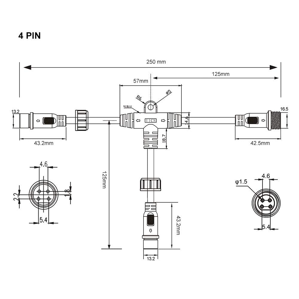 BTF-LIGHTING 5 PCS 4 Core 4 PIN Black Plastics IP65 T Shape Tee Big Size Connector 1 Male Ends 2 Female End 0.5mm²/20AWG 22mm Nut