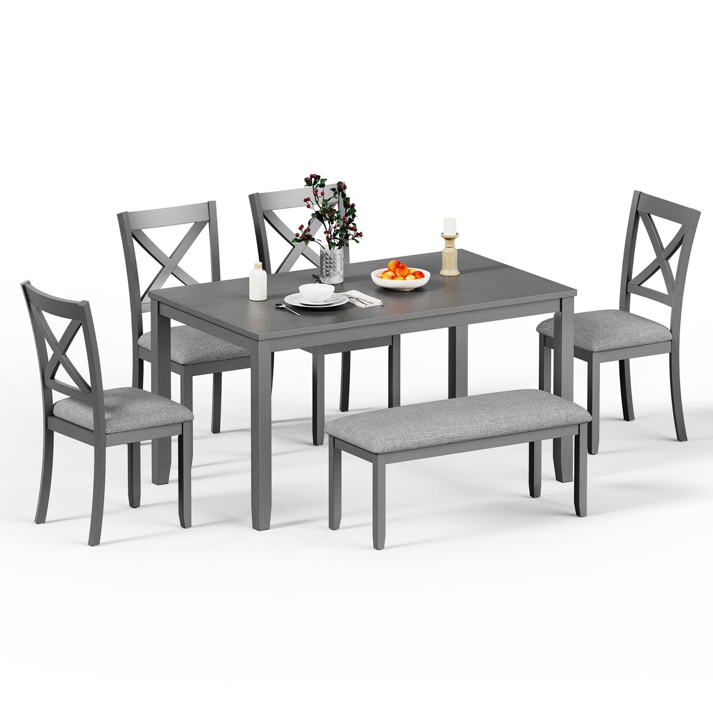 Zevemomo 6-Piece Wooden Dining Table Set, Dining Table Set for 6, Including 1 Dining Table, 4 Upholstered Chairs and 1 Bench, Wooden Legs Dining Table, Table Set for Dining Room, Grey