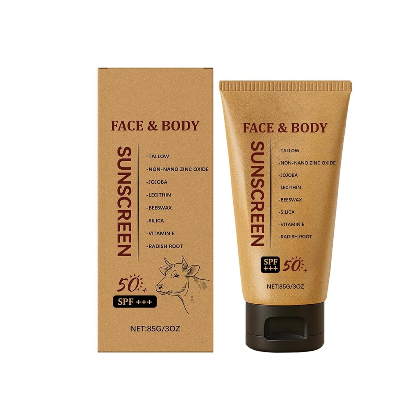 Mineral Sunscreen SPF 50+++ - Nourishing Tallow & Zinc Oxide Sunblock, Clean Non-Greasy Formula for Face and Body, Clean Formula