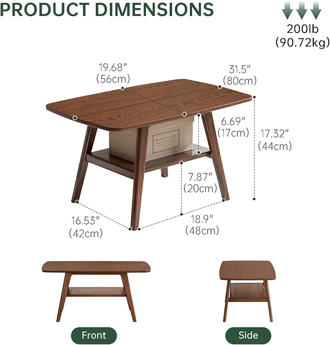 Wayshome 100% Solid Oak Wood Coffee Table for Living Room, 2-Tier Small Table with Storage Shelf, Mid Century Modern Coffee Tables (Walnut, 31.49" x 19.68" x 17.32")