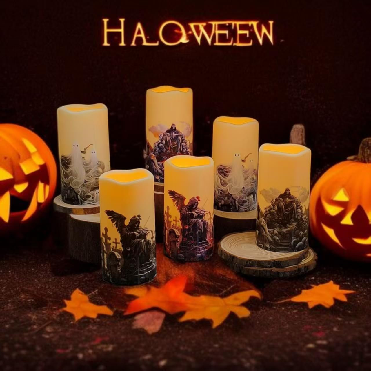 Gothic Style Weatherproof Fall Halloween Decorations LED Flameless Candles with Remote Control Timer Function 2AA Battery Operated, 3" Diameter5.7 Height, Outdoor/Indoor Use, Set of 6