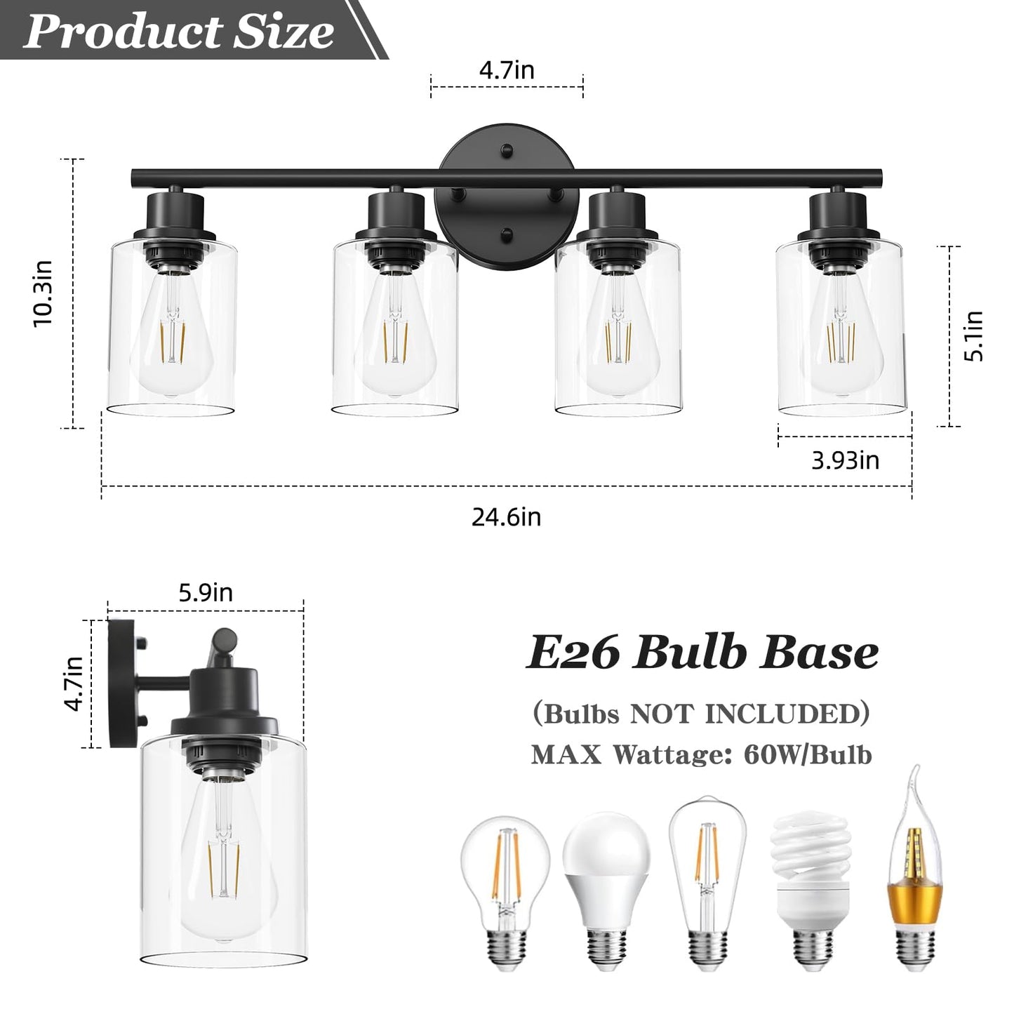 Guliaofo 4-Light Black Bathroom Light Fixtures, E26 Modern Vanity Lights for Bathroom with Clear Glass Shade, Wall Lamps for Mirror Hallway Kitchen Cabinet Living Room Sconces Lights