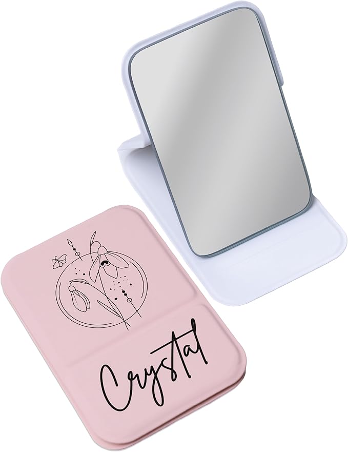 Personalized Birth Flower Month Travel Makeup Mirror for Women | Black Birth Flower and Name UV Painting |Custom Small Portable Travel Pocket Mirror Birthday Gifts for Women, Mom, Girl