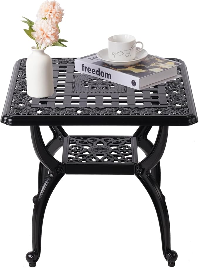 WILOUNGE 21" Cast Aluminum Outdoor Side Table,Small Patio Table,Outdoor Coffee Tables for Patio,Garden,Balcony, for All Weather (Black, Square)