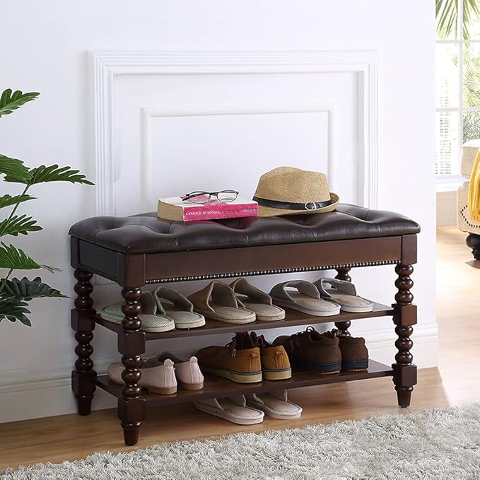 LEILISI Shoe Bench, Wood Storage Bench with Cushion Seat, Shoe Rack with Hidden Storage Space for Entryway Living Room Bedroom Hallway (Walnut, 31.5'')