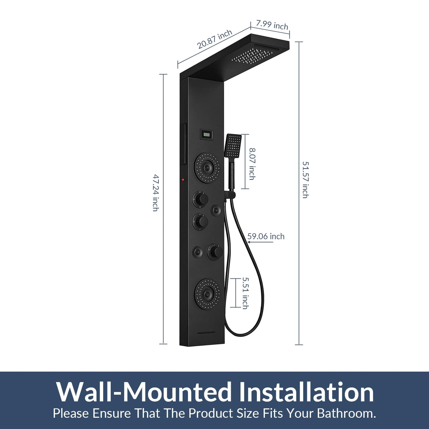 BATHLAVISH 6 in 1 Shower Panel Tower System, Rainfall Shower Panels Set w/LED and Digital Display Stainless Steel Shower Tower with Waterfall Tub Spout 2-Type Massage Jets Handheld Head Matte Black