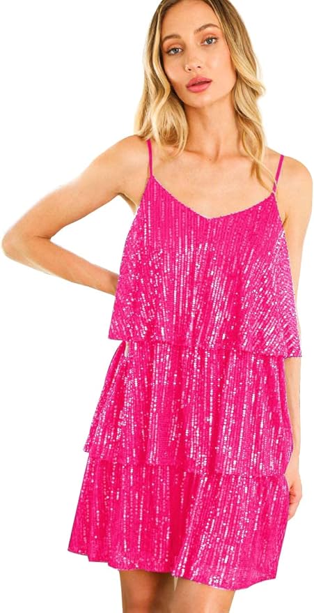 FANSI NOVA Women's Glitter Sequin Dress Adjustable Spaghetti Strap V Neck Fashion Sparkle Layered Evening Party Dress