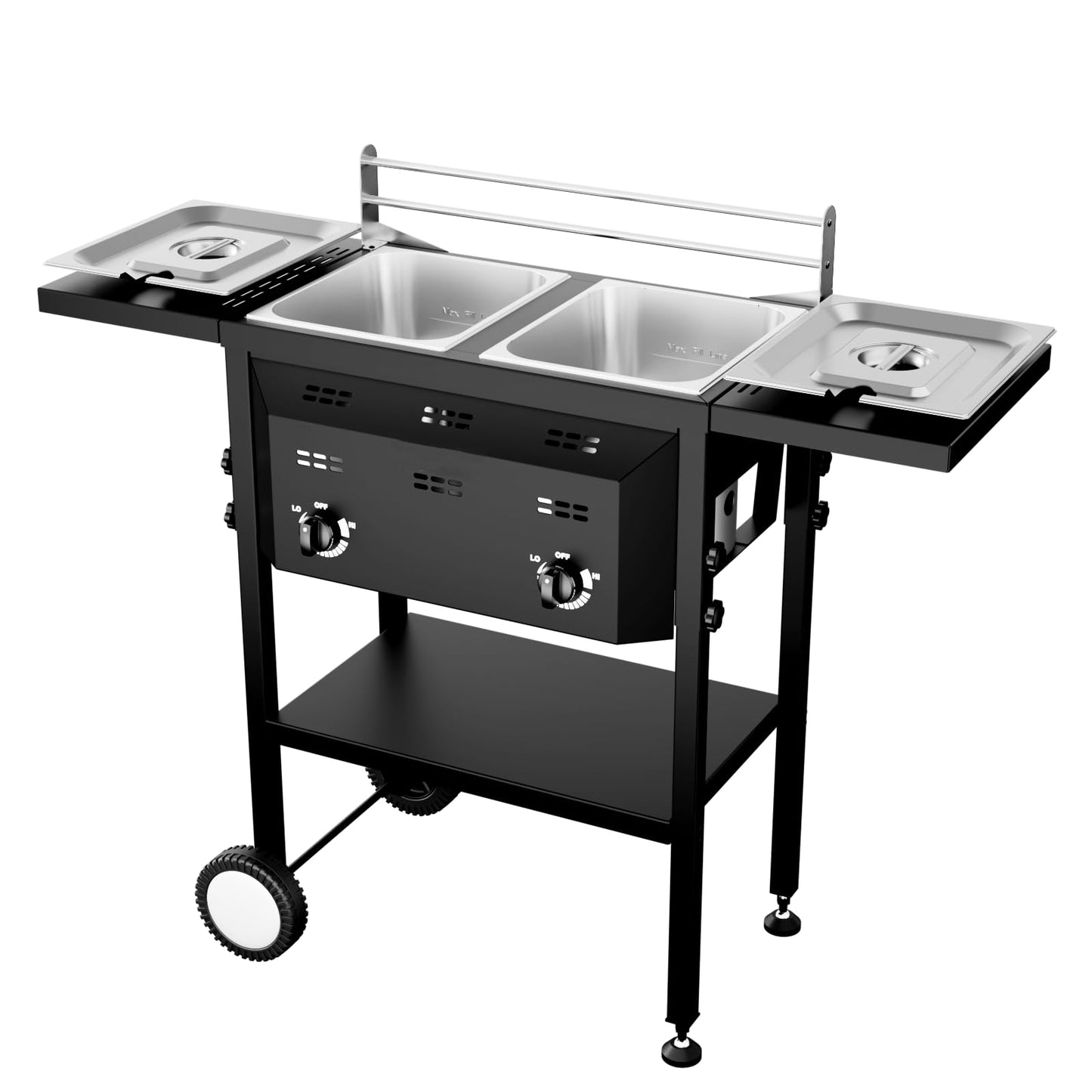 Bonnlo Outdoor Fryer with Dual 8QT Tank & Basket, 24,000 BTU Propane Deep Fryer with Side Shelf & Thermometers, Commercial Fryers with Wheels & Simple Control Knob for Outdoor Camping Cooking Use