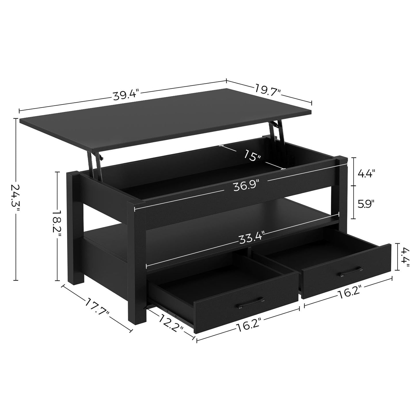 Rolanstar Coffee Table, Lift Top Coffee Table with Drawers and Hidden Compartment, Retro Central Table with Wooden Lift Tabletop, for Living Room, Black