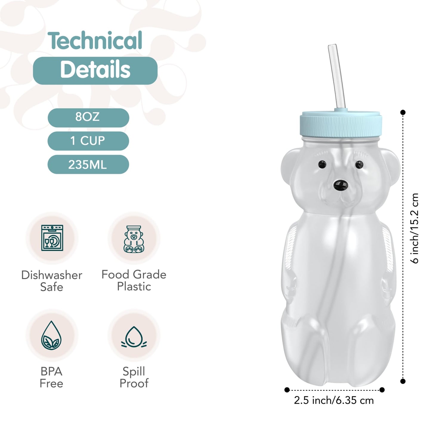 The 730 Project Honey Bear Straw Cup for Babies, 8-oz Honey Bear Cup with Lid, 3-Pack Therapy Learning Honeybear Straw, Baby Bottle Set, Blizzard AQUA