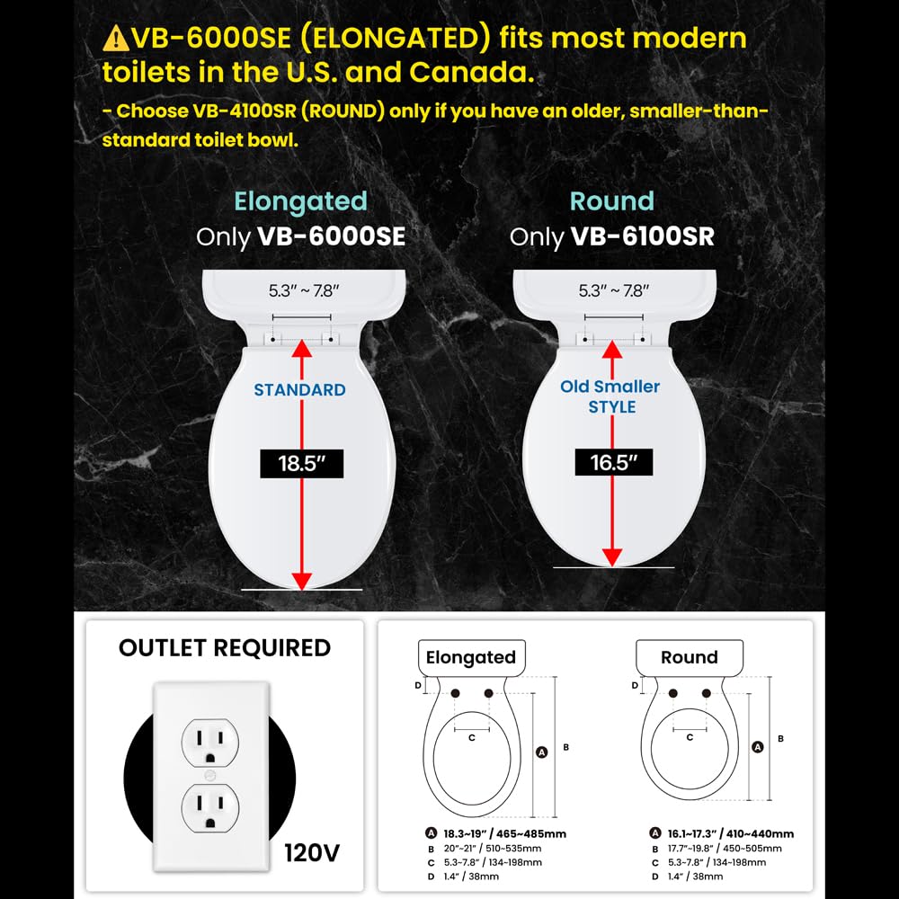 VOVO VB-6000SE Elongated Bidet Toilet Seat, Warm Water, LED Light, Heated Seat, White, Dryer, Stainless Steel Nozzle, Made in Korea