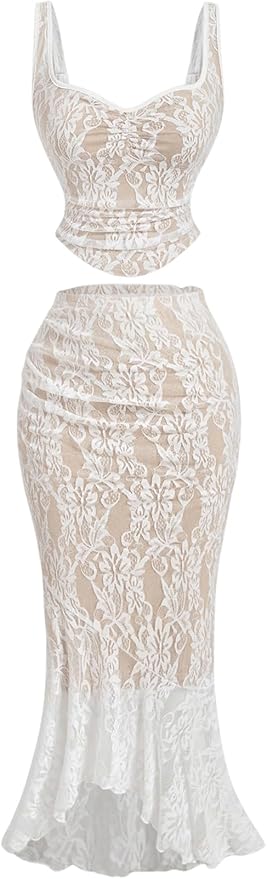 SOLY HUX Women's Floral Lace Skirt Set 2 Piece Sleeveless Top and Bodycon Fishtail Skirts Summer Coquette Outfits