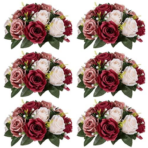 Nuptio Artificial Flower Centrepieces for Tables - 6 Pcs Burgundy & Dusty Rose & Creamy White Fake Flowers Roses Balls 9.5...