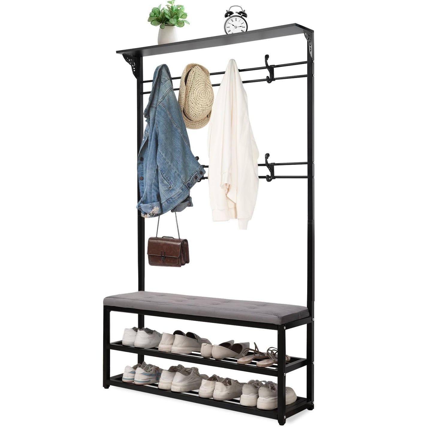 GuiMemi 4-in-1 Entryway Hall Tree with Bench & Shoe Storage, 39.3" Multifunctional Coat Rack Organizer for Mudroom, Entryway Furniture with Adjustable Cushion, 400 lb Weight Capacity.