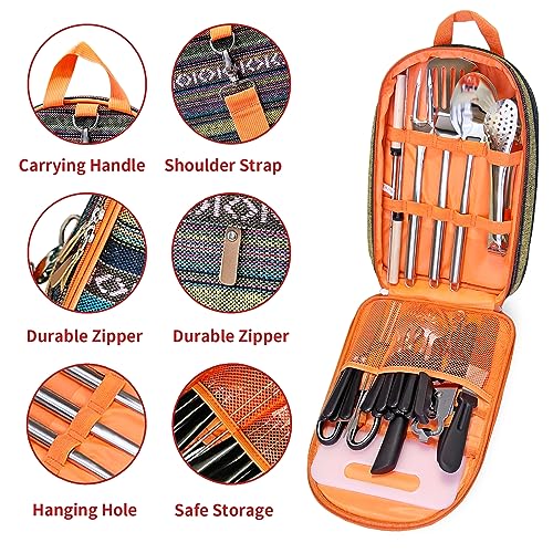 Portable Camping Kitchen Utensil Set-27 Piece Cookware Kit, Stainless Steel Outdoor Cooking and Grilling Utensil Organizer...
