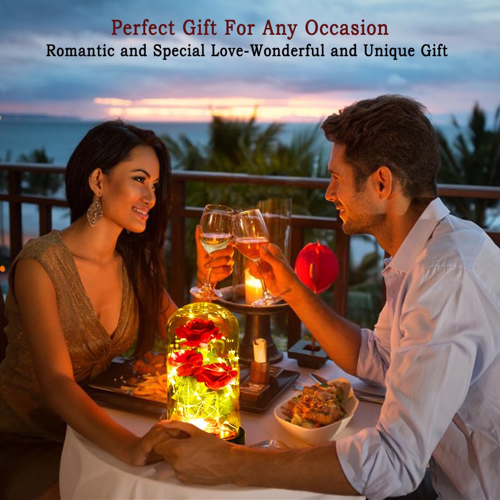 Women Gift Idea Birthday,Unique Gifts for Mom,Beauty and The Beast Rose in Glass Dome with 2 Lights Mode, Birthday Gifts for her,Anniversary Rose Gifts for Wife,Red Silk Rose Flower Gifts for Women