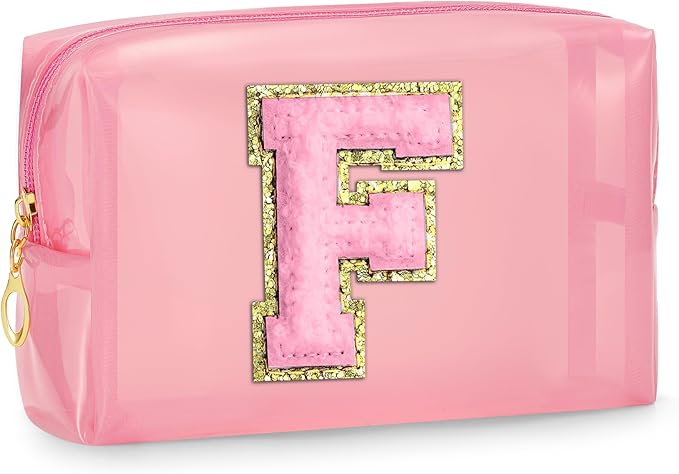 SEFORICO Clear Makeup Bag for Women - Small Personalized Initial Cosmetic Bags A-Z Chenille Letter Make up Pouch Waterproo...
