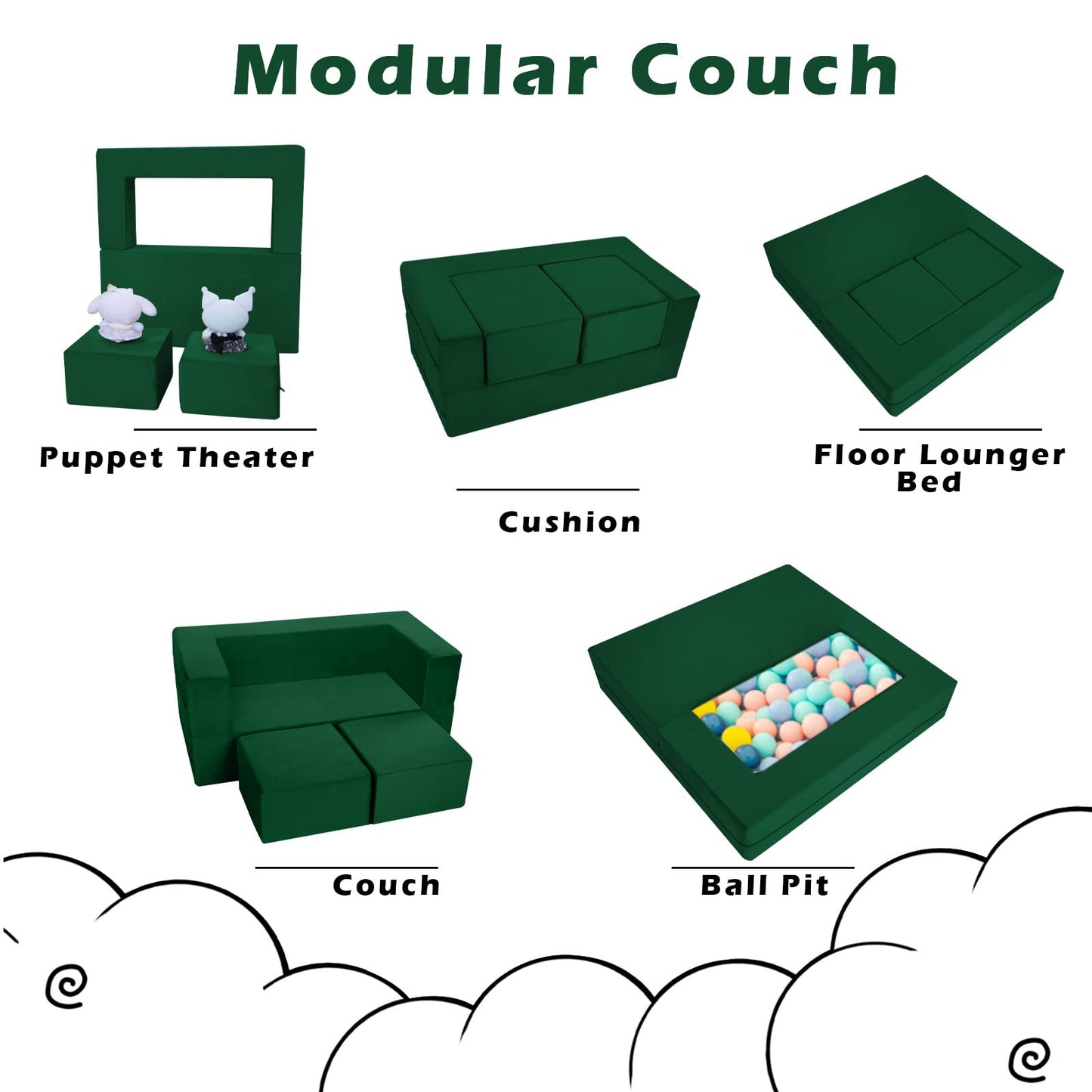 MeMoreCool Modular Kids Play Couch Sofa – Green Convertible Toddler Couch, Fold-Out Plush Foam Chair for Children’s Playroom