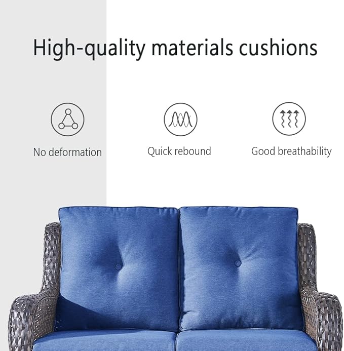 Belord Wicker Outdoor Furniture Patio Furniture Set - 6 Piece Patio Conversation Set with Swivel Rocker Chairs, Loveseat Sofa, Ottomans and Coffee Table, Blue Cushion