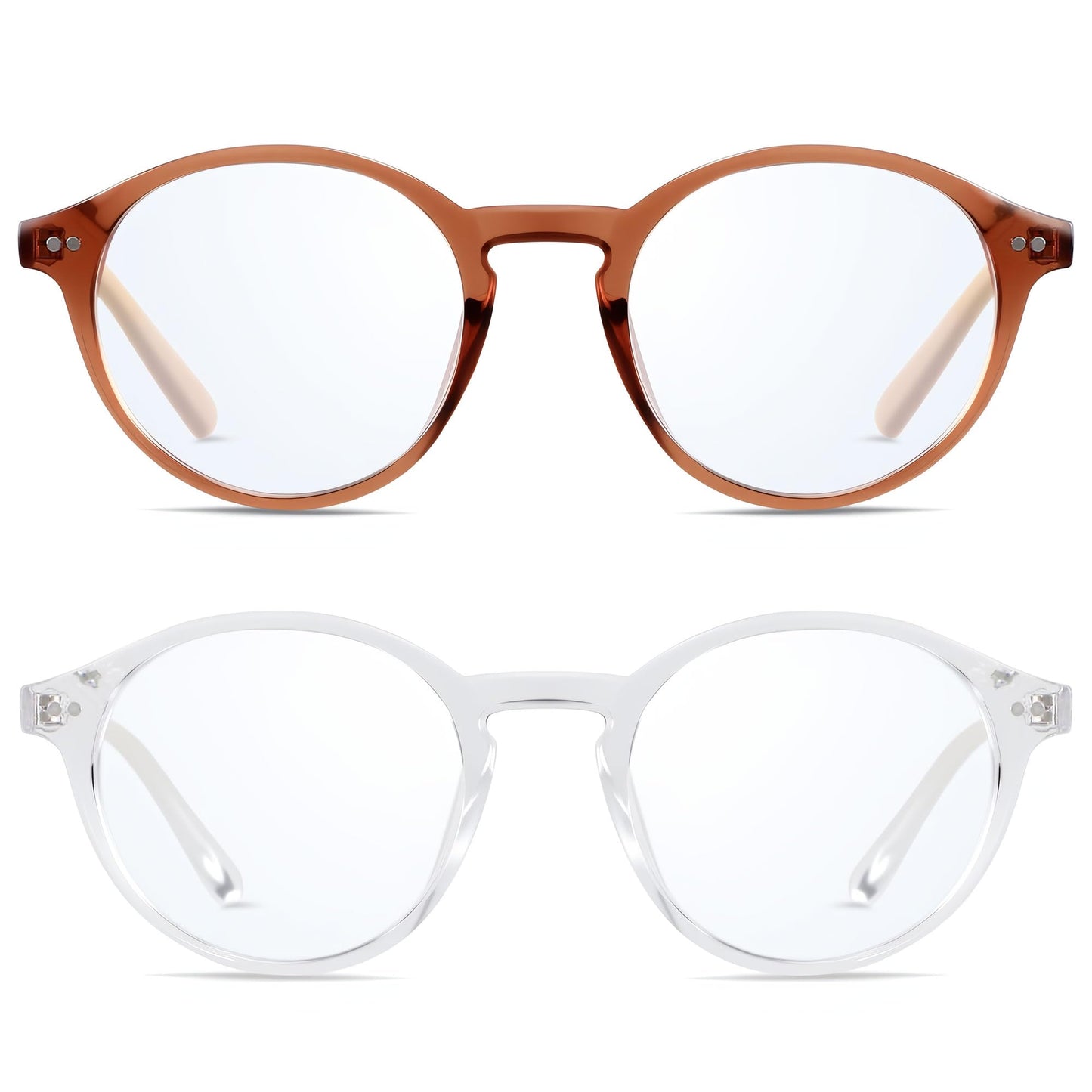 ANDWOOD Blue Light Blocking Glasses Women Men Computer Small Face Frame Bluelight Blocker Teens Round Frame 2 Pack Brown Clear