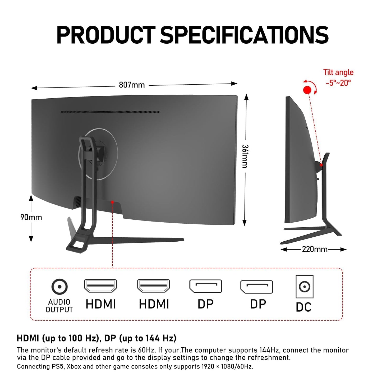 Gawfolk 34 Inch Ultrawide Curved 144Hz Gaming Computer Monitor 1500R PC Screen,21:9 UWQHD (3440x1440),Adaptive Sync,178° Viewing Angle,Display Port、HDMI2.0,Compatible with wall mounting - Black