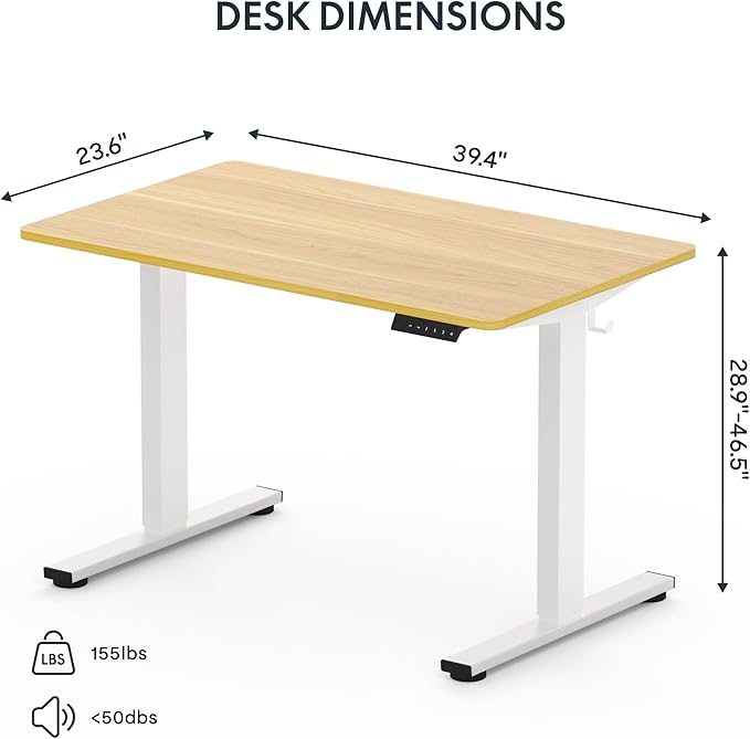 FLEXISPOT EN1 One-Piece Standing Desk 40 x 24 Inches Height Adjustable Desk Electric Sit Stand Up Desk Home Office Desks Computer Workstation (White Frame + Maple Desktop)