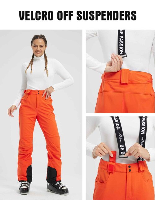 fit space Women's Insulated Warm Ski Snow Pants Waterproof 15,000mm Removable Suspenders Winter Hiking Snowboard Fleece Lined (XX-Large,Dark Orange)