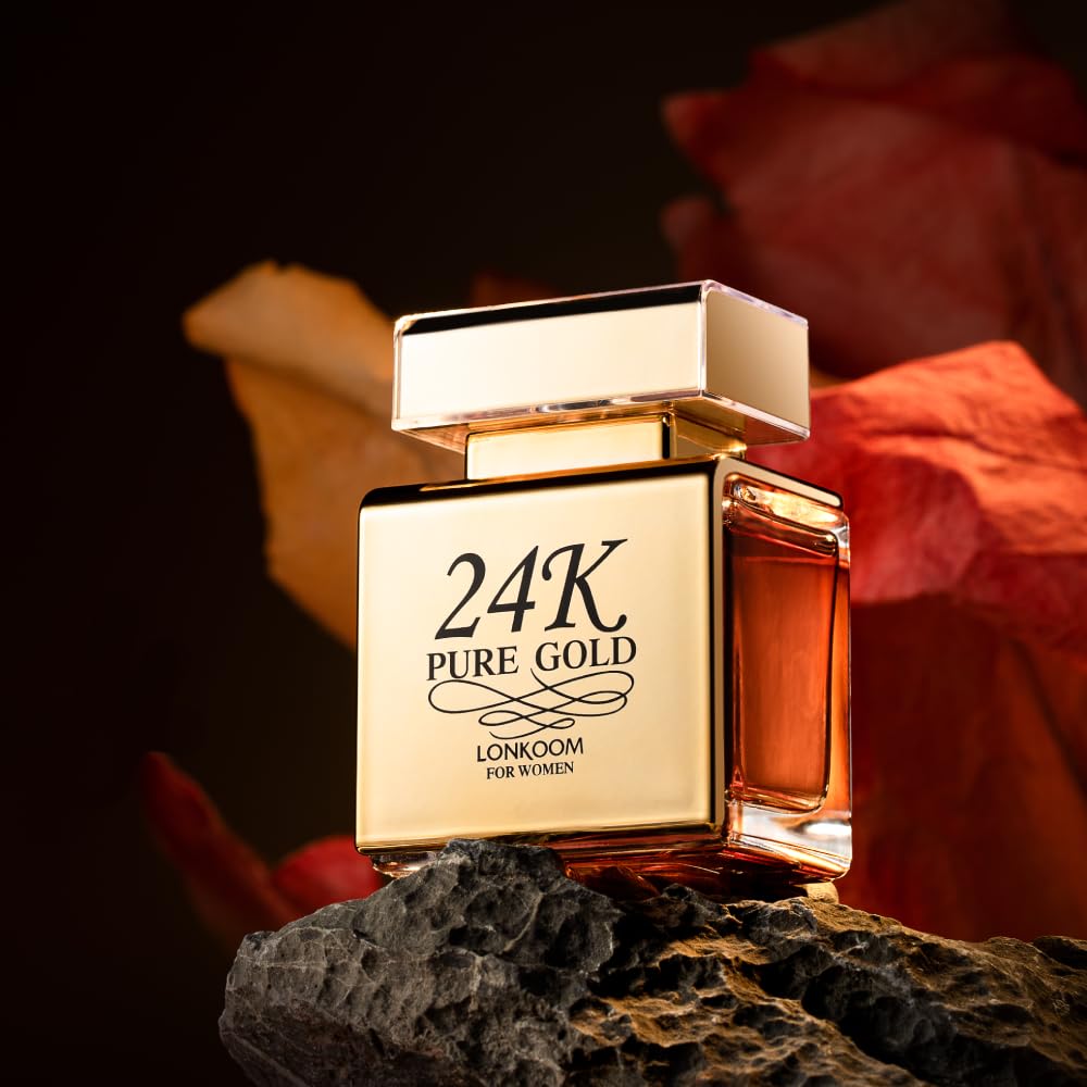 Lonkoom 24K Pure Gold Perfume for Women, Sweet Vanilla Perfumes Long Lasting Fragrance Eau de Parfum Praline Amber Fruity Strawberry Rose Musk Chocolate Notes, 3.4 Fl Oz