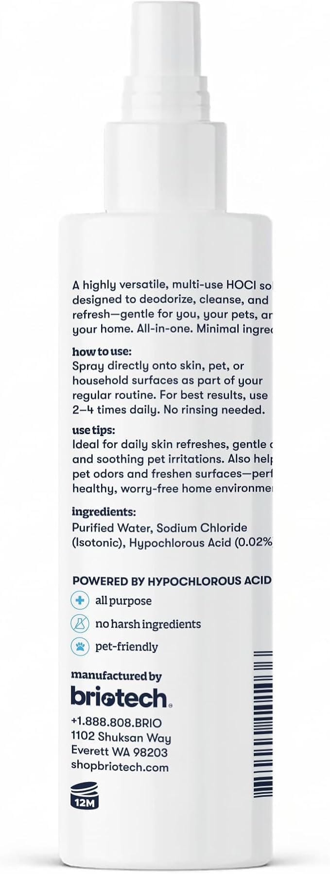 BRIOTECH Pure Hypochlorous Acid Spray and Cleanser, Original Premium HOCl Topical Solution, Multi-Purpose Cleaner, Family Approved & Pet Friendly, 8 fl oz