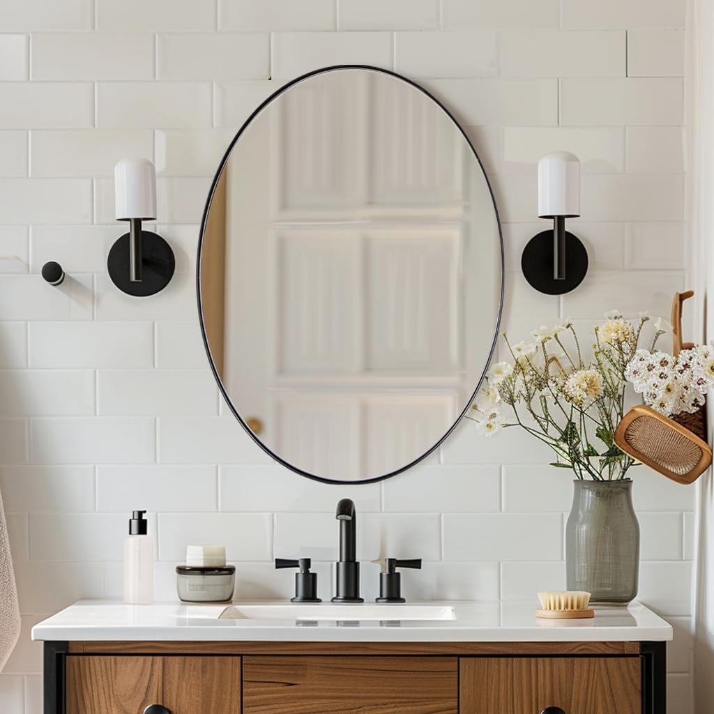 ANDY STAR Black Oval Mirror, 22x30 Oval Black Bathroom Mirror, Oval Vanity Mirror Matte Black Oval Mirrors for Bathroom Stainless Steel Metal Frame Pill Mirror Wall Mount Horizontal or Vertical