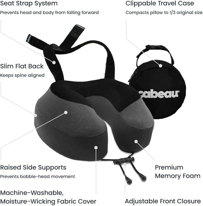 Cabeau Airplane Travel Pillow for Long Flights - Evolution S3 - Supportive Memory Foam with Seat Straps to Secure Your Head and Neck and Provides 360° Support (Steel Grey)