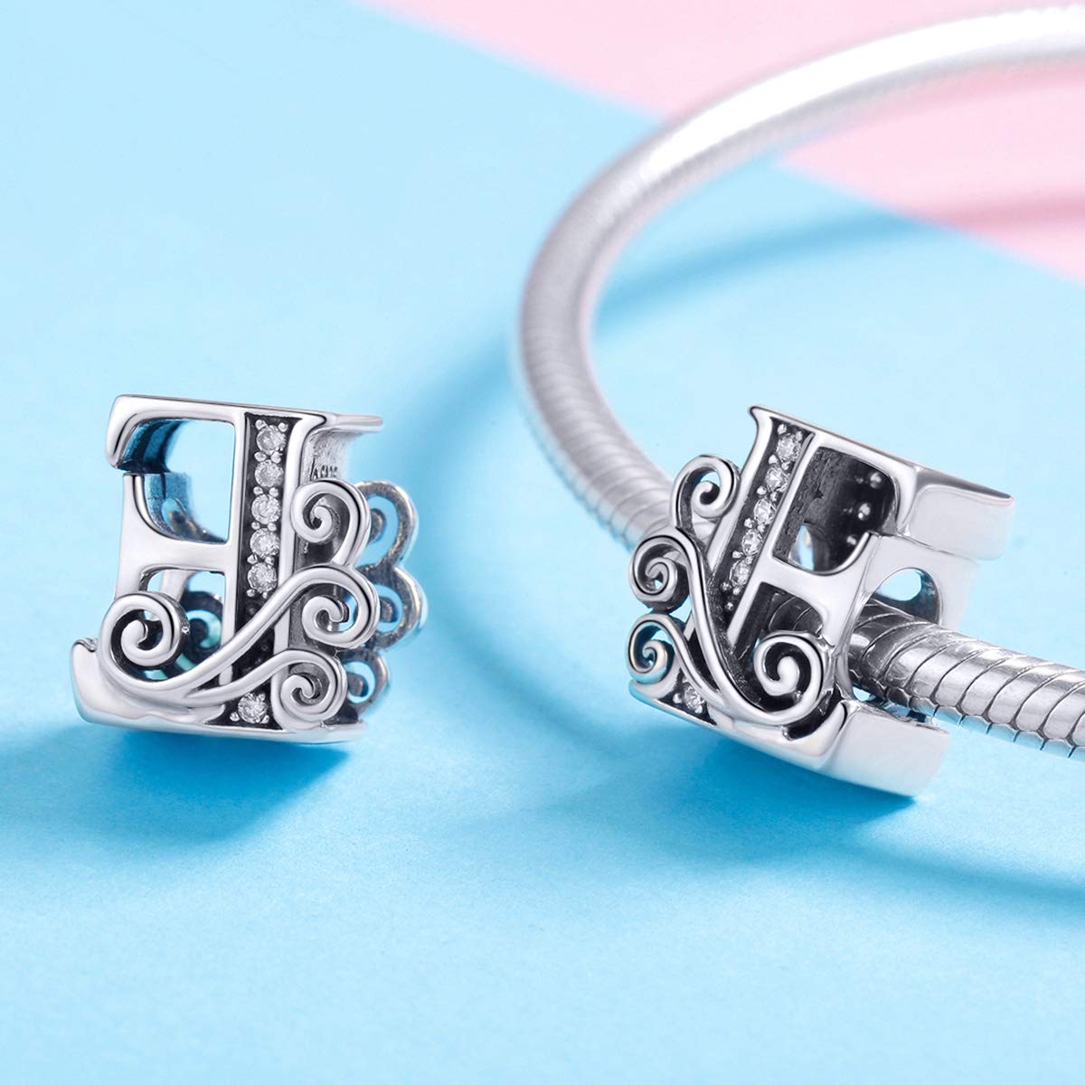 BISAER 925 Sterling Silver Initial Letter E Charms for Bracelets Alphabet Beads Charm Jewelry Gifts