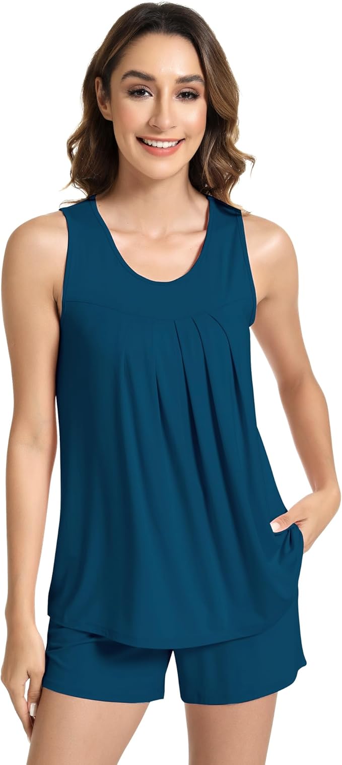 NACHILA Pajamas for Women-Viscose from Bamboo, Ribbed Racerback Tank Top Sexy Split Shorts Pajama Sets Cooling Sleep Cami Pjs