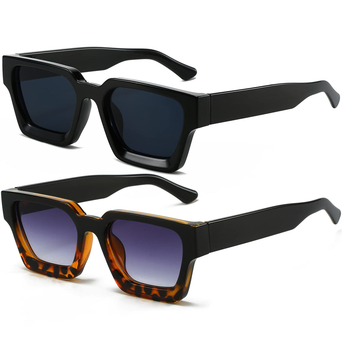 AIEYEZO Square Sunglasses for Women Men Square Thick Frame Sun Glasses Simple Designer Style Shades (Black/Grey + Black Leopard/Grey Gradient)