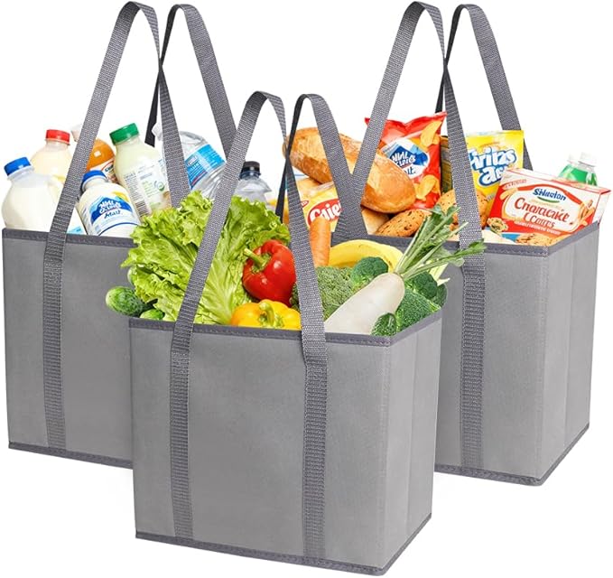 DOUKE Reusable Grocery Tote Bags, 3-Pack Heavy Duty Reusable Shopping Bags with Long Handles, Large Box Shape Tote Bags to Stand Up, Stay Open, Fold Flat (Gray)