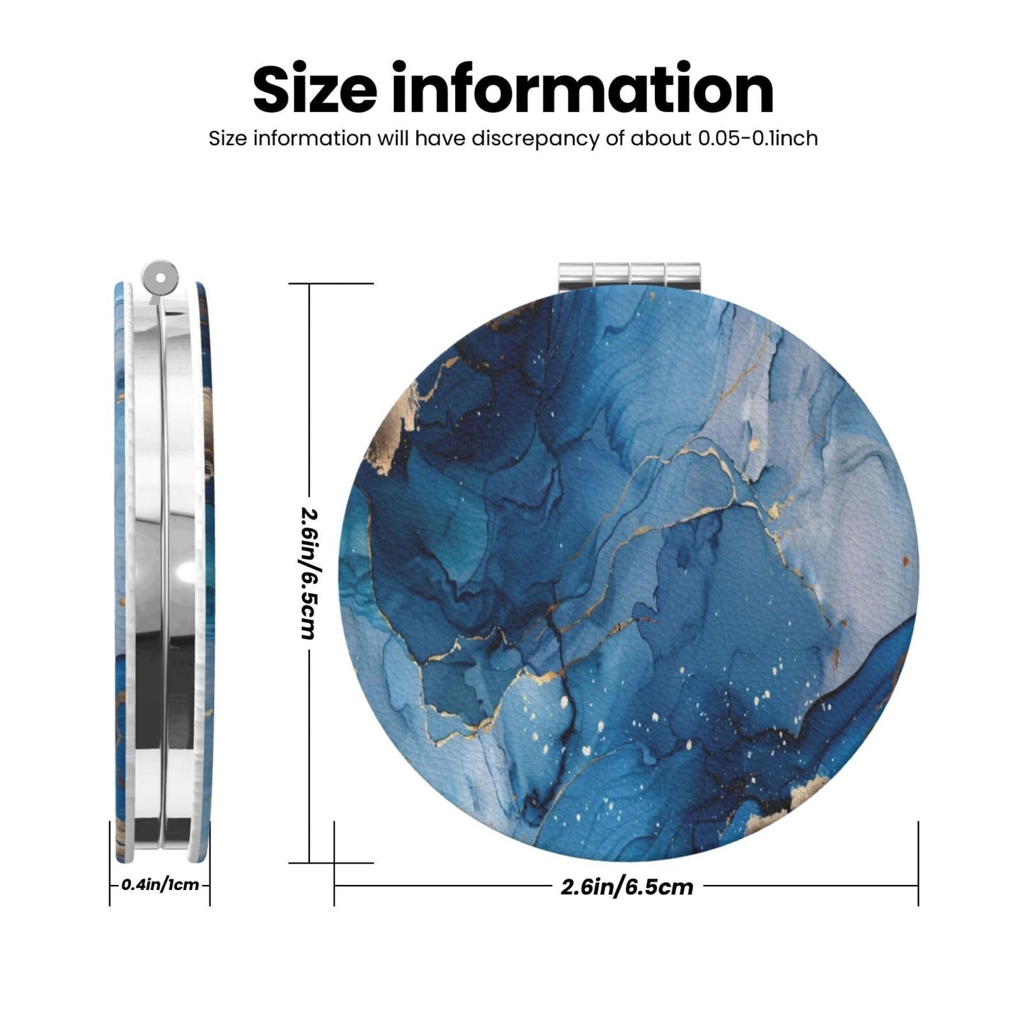keluki Navy Blue Gold Marble Agate Style Print Foldable Travel Pocket Mirror Round PU Leather Portable Mini Makeup Double Sided